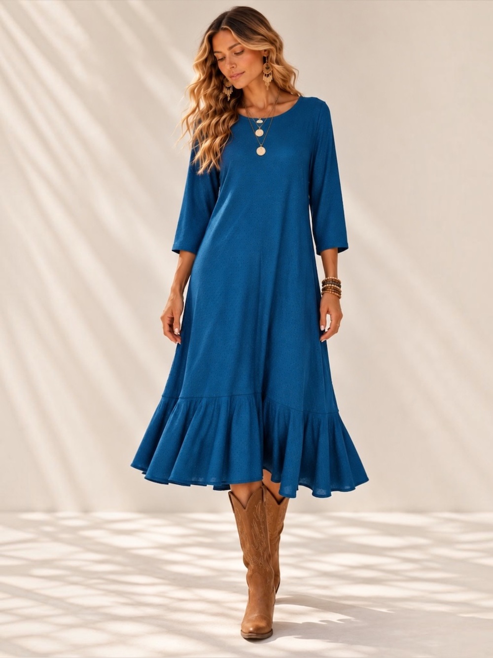 NEW $109 J Jill Ponte Dress Blue Black Polka Dots Ruffle 3/4 Sleeve Stretch Sz M